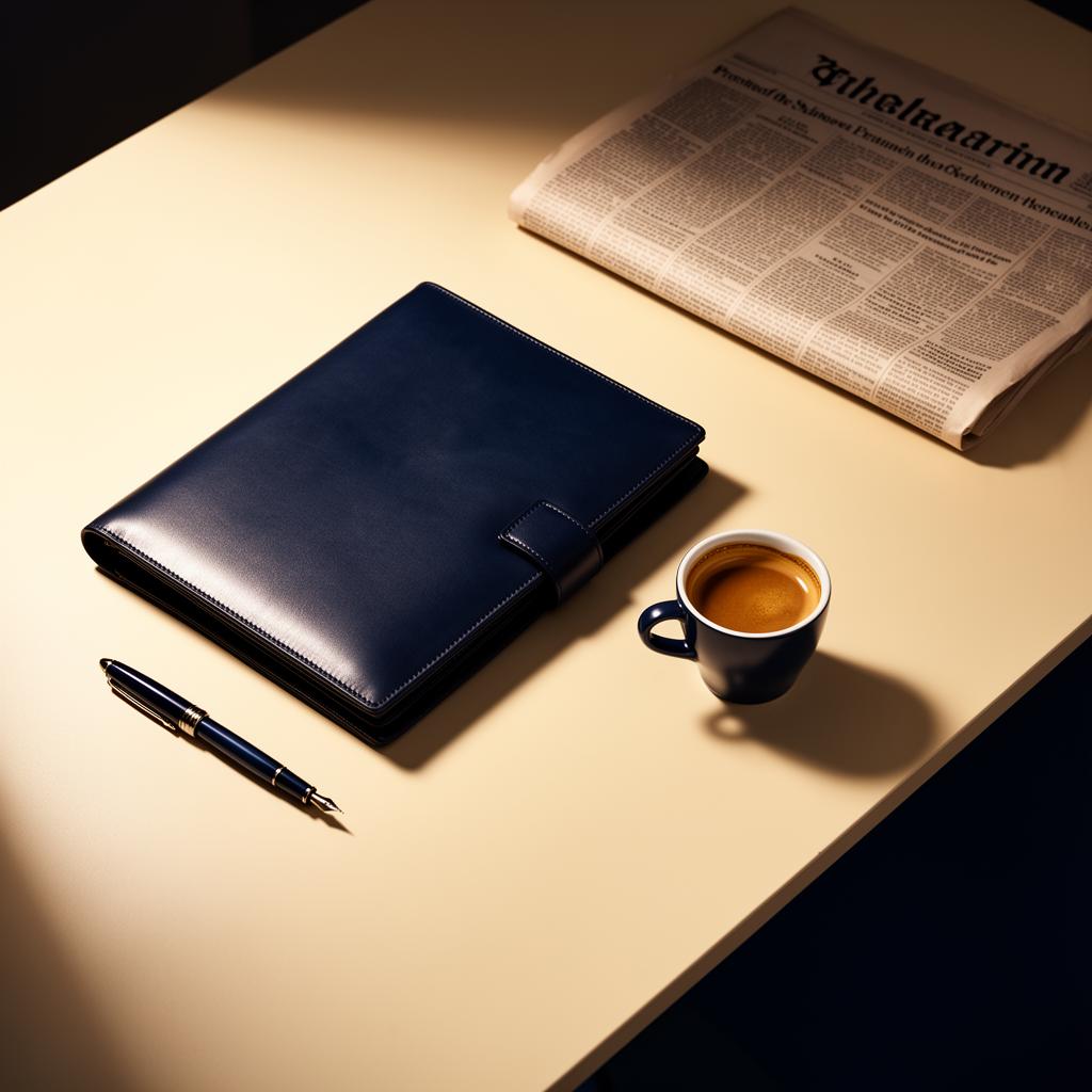 Leather portfolio and espresso on a desk